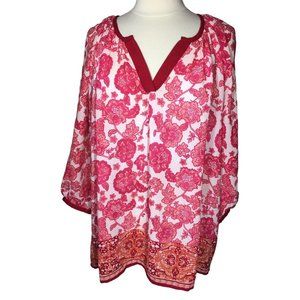 Ava Christine Womens Plus Size 2X Floral Peasan Popover Blouse 3/4 Sleeve Casual